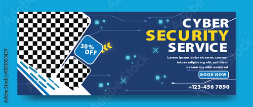 Cyber security cover design with modern digital technology elements, data protection concept, and secure network illustration in a futuristic style.