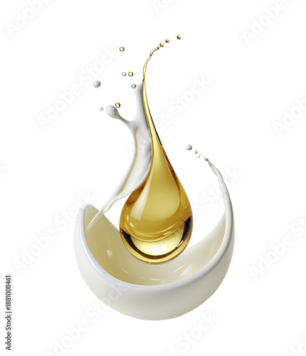 Golden oil drop with white cream splash close-up on transparent background. Generative AI