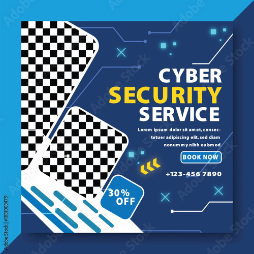 Cyber security social media post design with modern digital technology elements, data protection concept, and secure network illustration in a futuristic style.