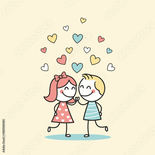 Cartoon Children Holding Hands with Hearts.