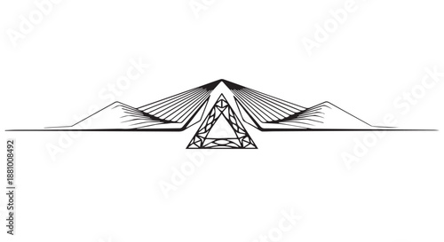 A black and white illustration of a bridge with mountains in the background dividers decorative border design concept