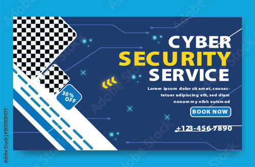 Cyber security web benner design with modern digital technology elements, data protection concept, and secure network illustration in a futuristic style.