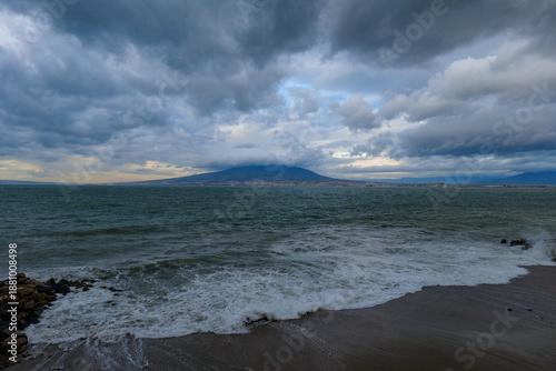 View of the rough sea in the Gulf of Naples, Italy.