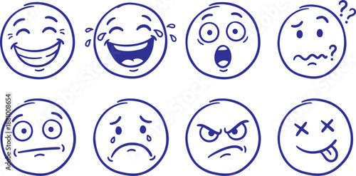 Collection of various emotive facial expressions in blue line art on white background