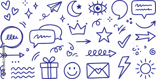 Collection of purple hand drawn icons and symbols for social media and communication on white background