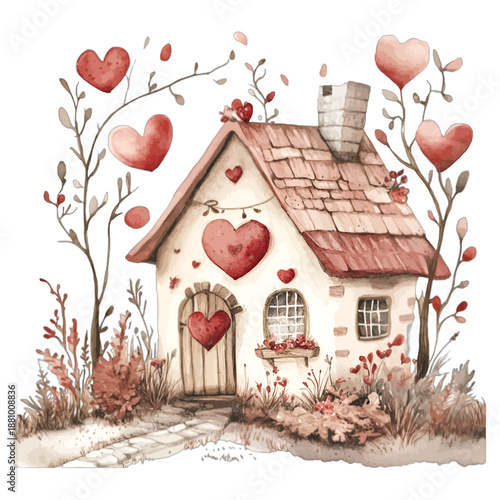 Charming watercolor cottage house decorated with red hearts
