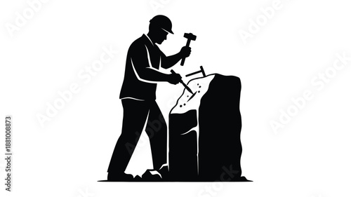 A stonemason carefully chiseling a block of stone a striking silhouette
