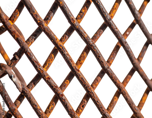  Heavily rusted chain-link fence section of thick steel wire showing oxidized patina