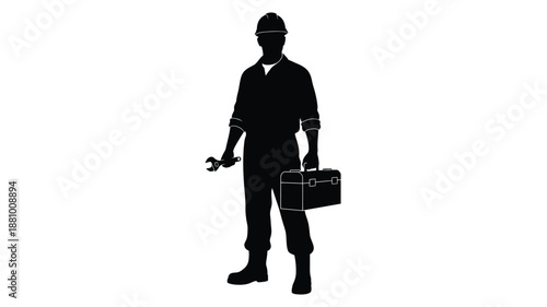 A mechanic holding tools and a toolbox bold black silhouette