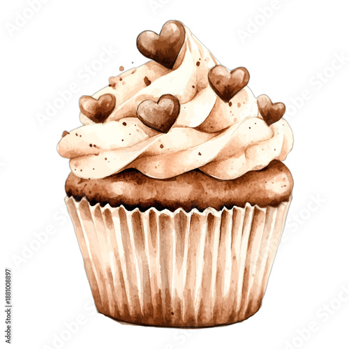 Delicious watercolor chocolate cupcake with heart shaped sprinkles
