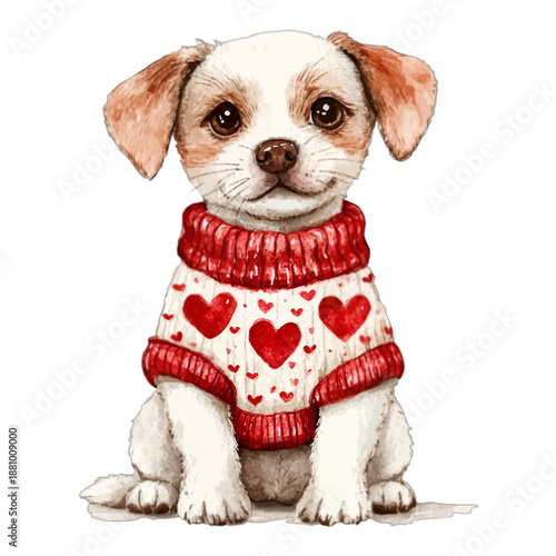 Cute white puppy dog wearing red heart pattern sweater
