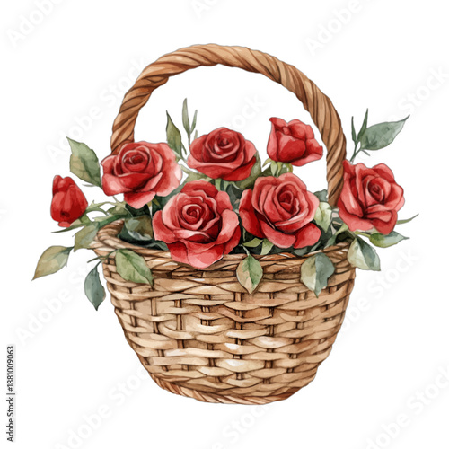 Beautiful red roses in wicker basket with handle
