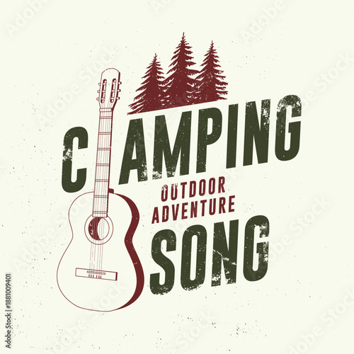 Camping song logo, badge design. Concept for shirt or logo, print, stamp or tee with guitar and pine forest silhouette. Outdoor adventure. Vector illustration.