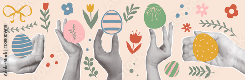Creative Easter banner. Halftone hands holding colorful decorated eggs with spring floral elements and ribbons on a soft pastel background. Rettro festive collage.