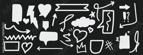 Collection of white hand drawn speech bubbles and arrows on black background