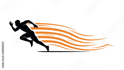 Powerful silhouette of a man sprinting with flowing orange speed lines on an isolated white background.