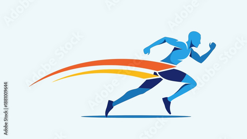 Dynamic stylized runner in blue with abstract orange and red speed lines, depicting swift motion in a bright studio.
