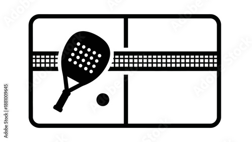 Outline icon of a padel tennis court with a racket and ball, representing the sport on an isolated white background.