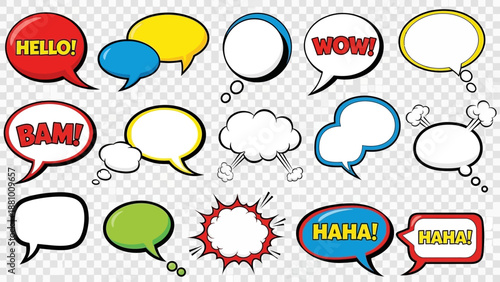 Set of diverse colorful retro comic style speech bubbles and thought balloons with text like "HELLO!", "WOW!", "BAM!", and "HAHA!" on a transparent background.