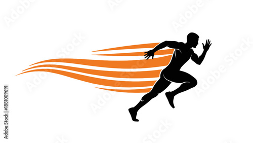 Energetic man sprinter running with orange speed lines on an isolated white background.