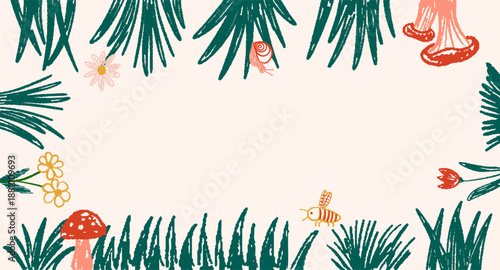 Hand-Drawn children nature frame with cute snail, bee, and grass in a crayon hand drawn style. Scribble kids forest elements.