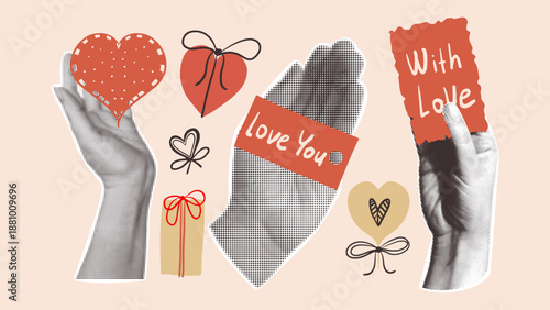 Retro vintage collage style Valentine’s day vector  illustration. Halftone hands holding heart and romantic love notes. Trendy stickers for card, poster, banner.