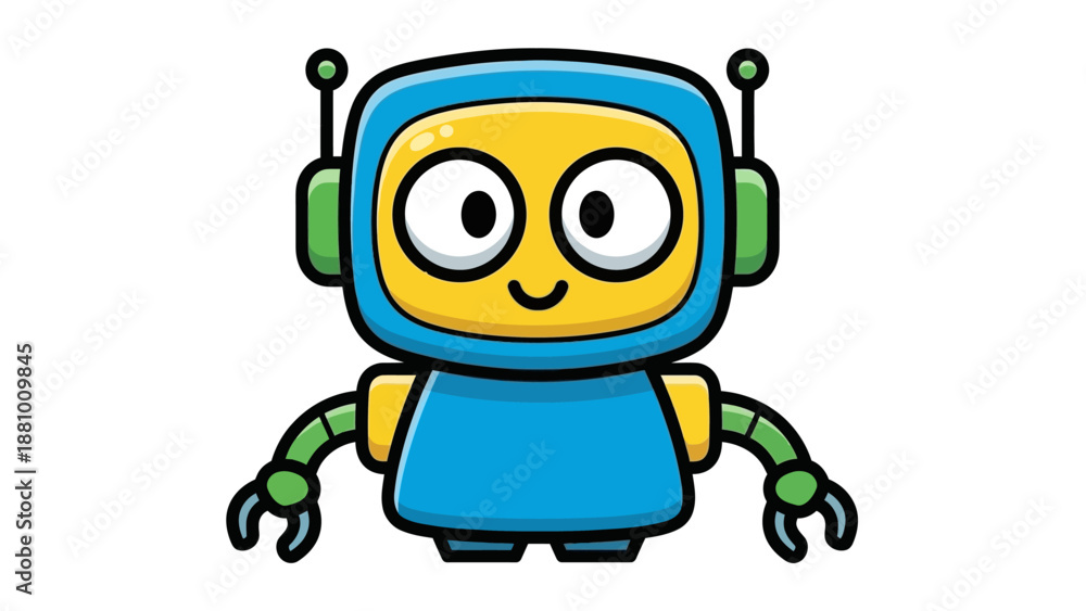 Fototapeta premium Cute blue cartoon robot head character smiling with antennas, friendly AI, isolated white background.