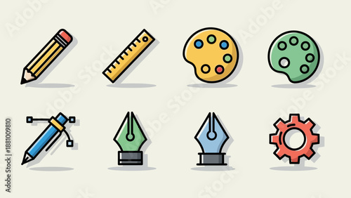 Flat Design Art and Graphic Design Tools Icons Set in a Bright Studio