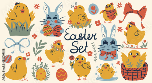 Hand-drawn Happy Easter set. Cartoon  cute yellow chicks and whimsical blue bunnies, patterned eggs and spring florals in a playful doodle style for children's