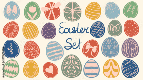 Set of hand-drawn decorative easter eggs with diverse patterns including hearts and flowers, bows and stripes in a colorful doodle style. Festive greeting design. 