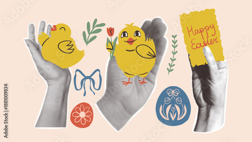 Retro collage illustration for Happy Easter vintage halftone hands holding cute yellow chicks and note with handwritten text. Seasonal greeting vector design