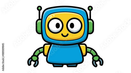 Cute blue cartoon robot head character smiling with antennas, friendly AI, isolated white background.
