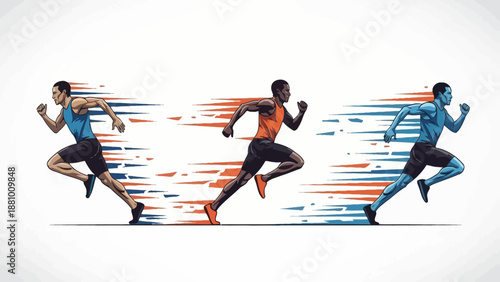 Three male runners sprinting in a competitive race, dynamic motion lines, bright studio background.