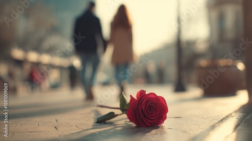 Romantic red rose lies on pavement in soft golden light as an out-of-focus couple walks hand-in-hand in the background, conveying a mood of gentle, fleeting love.