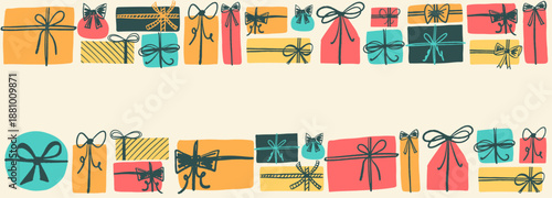 Gift boxes with decorative ribbons and bows frame. Hand-drawn horizontal banner illustration ,in a retro flat style with a copy space for text.  Holiday, festive and birthday desing.