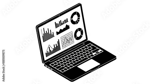 Isometric laptop computer displaying data charts and graphs, business analytics, bright studio background.