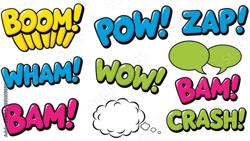 Comic book style sound effects and speech bubbles, 'Boom Pow Zap' text, cartoon expressions, bright studio background.