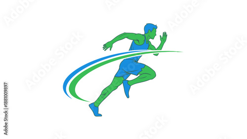 Dynamic male runner sprinting with green and blue speed lines, fitness and sports concept, bright studio background.