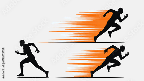 Two male runner silhouettes sprinting with dynamic orange speed lines, bright studio background.