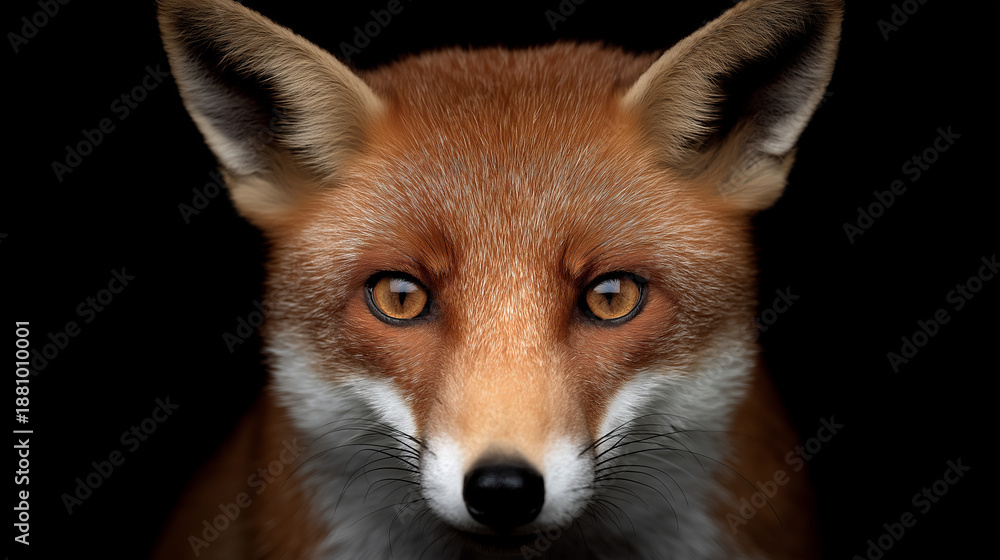 Fototapeta premium Close-up portrait of a red fox with striking amber eyes against a dark background