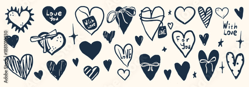 Valentine's day collection of hand-drawn romantic elements. Doodle hearts in various artistic styles with delicate bows and message tags, and whimsical stars.