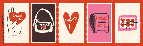 Set of hand-drawn Valentine's Day postage stamp illustrations with hearts, a camera, and a mailbox. Romantic holiday doodles for cards and festive decoration.