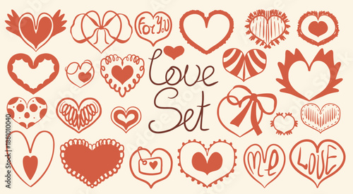 Coquette heart doodle set. Hand-drawn romance Valentine's Day elements. Scribble icons for holiday cards, posters, banners, and invitations.