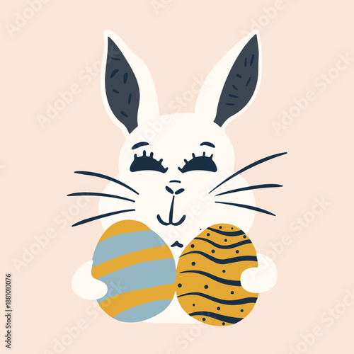 Easter bunny hand-drawn vector illustration. Whimsical rabbit with eggs.