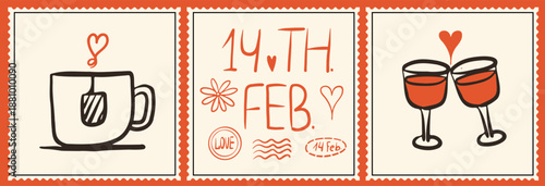 Valentine's Day trendy retro stamps set. Hand drawn mug, glasses and handwritten festive text. Doodle date and postal mark. Elements for banner, poster and social media.