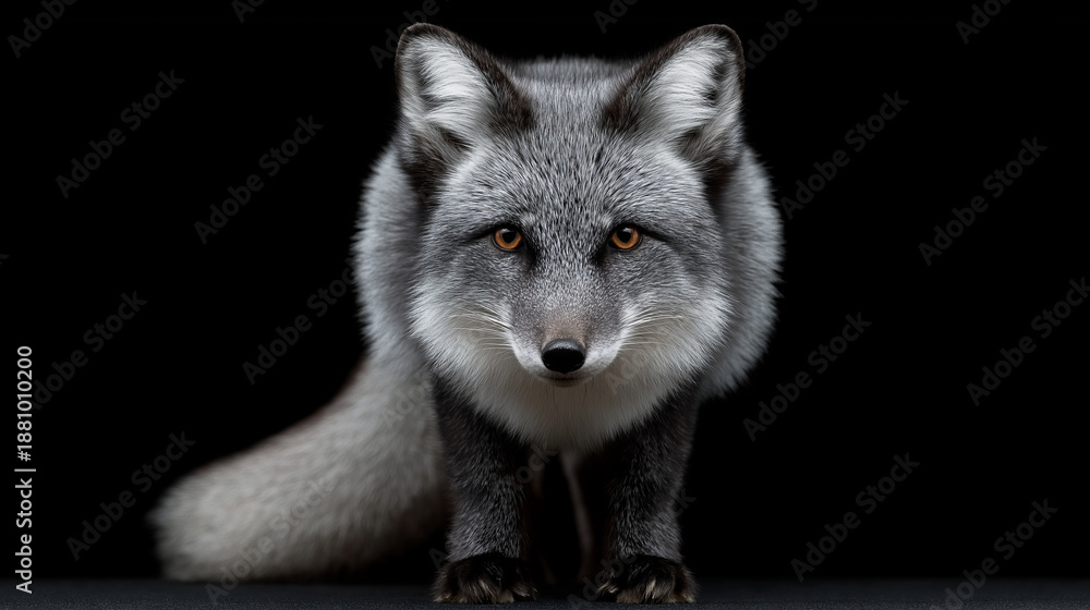 Fototapeta premium Close-up portrait of a silver fox with striking orange eyes against a dark background