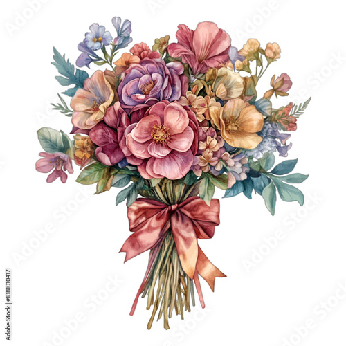 Colorful floral bouquet with ribbon and bow tie
