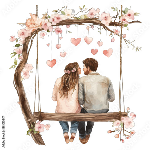 Romantic couple sitting on flower swing with hanging hearts
