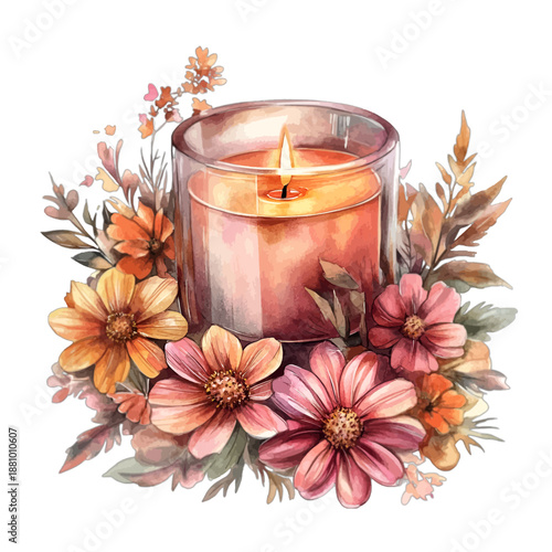 Watercolor Illustration of a Lit Candle in Glass Holder with Flowers for Valentine's Day
