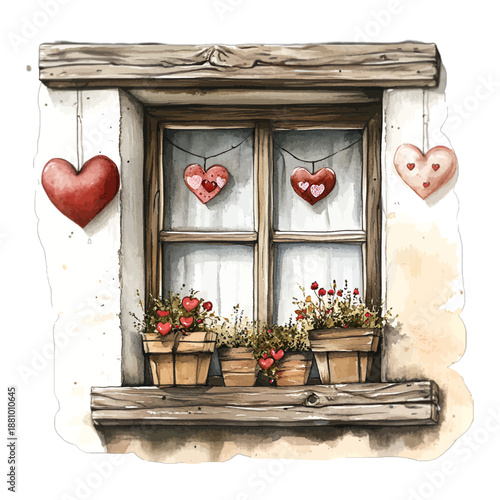 Watercolor Illustration of a Window Decorated with Hanging Hearts and Red Flowers in Pots
